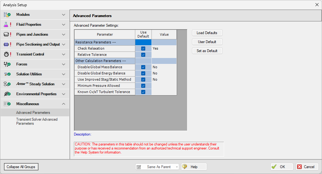 The default state of the Advanced Parameters panel in the Miscellaneous group of the Analysis Setup window.