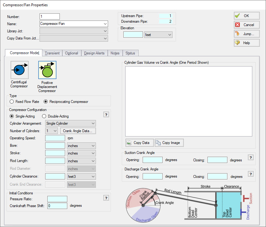 The Compressor Properties Window with Positive Displacement Compressor and Reciprocating Compressor selected