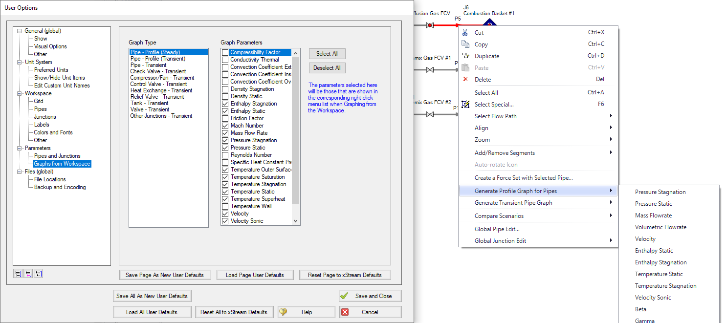 The Graphs from Workspace panel of the User Options allows customization of the right-click context menu for generating graphs directly from the Workspace