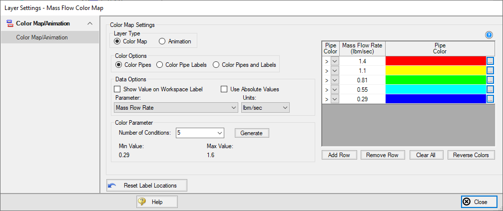 A screenshot of the Layer Settings window for a Color Map special layer