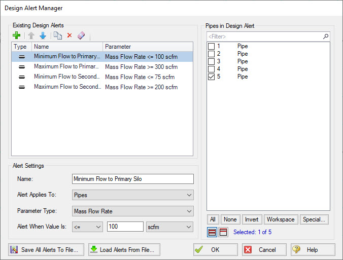 The Design Alert Manager showing several examples of design alerts applied to pipes