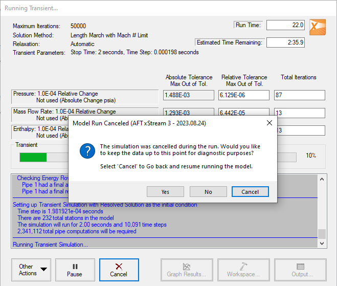 A popup message stating that transient output can be retained during cancel overlayed on top of the transient solver