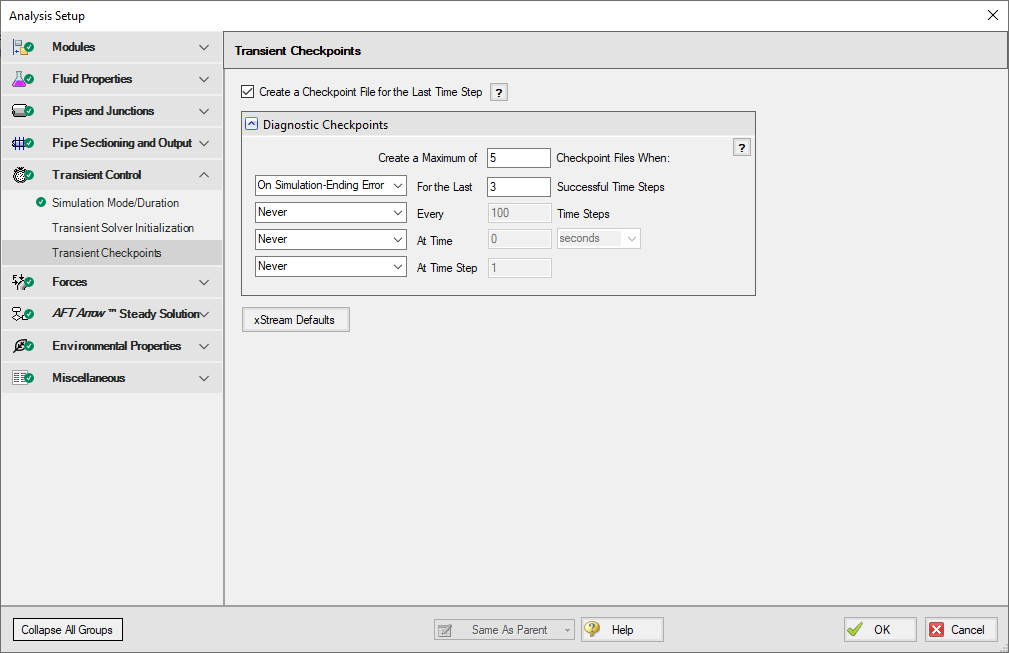 Displaying the Transient Checkpoint panel within Analysis Setup